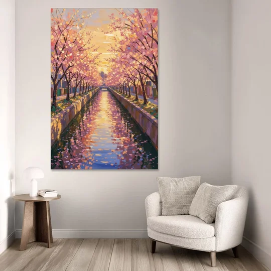 Cherry Blossom River Painting at Sunset - Canvas Wall Art - Sofa - 40x60