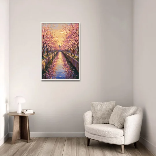 Cherry Blossom River Painting at Sunset - White Framed Canvas Wall Art - Sofa - 24x36