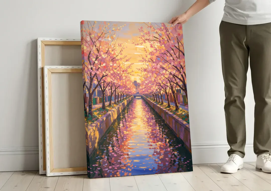 Cherry Blossom River Painting at Sunset canvas wall art leaning against a wall next to blank canvases