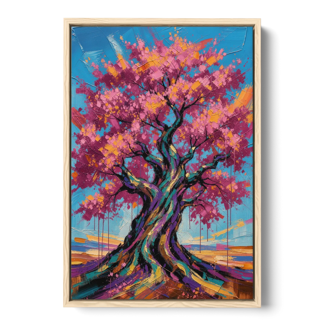 Cherry Blossom Tree Canvas with Twisted Trunk - Oak Framed Canvas Wall Art - Front