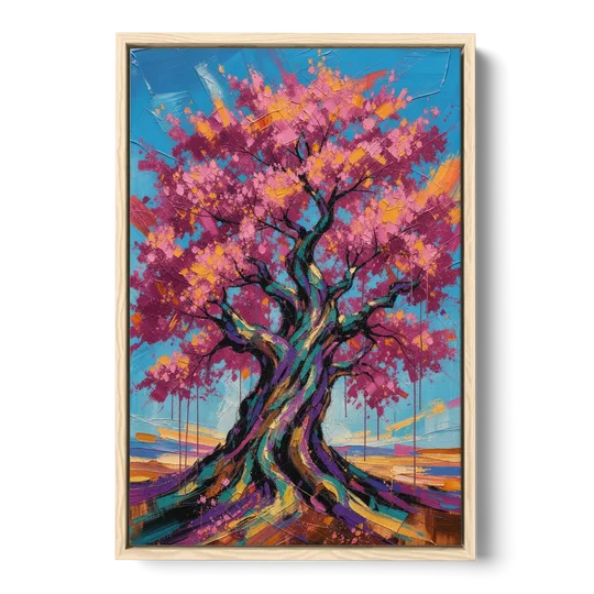 Cherry Blossom Tree Canvas with Twisted Trunk - Oak Framed Canvas Wall Art - Front