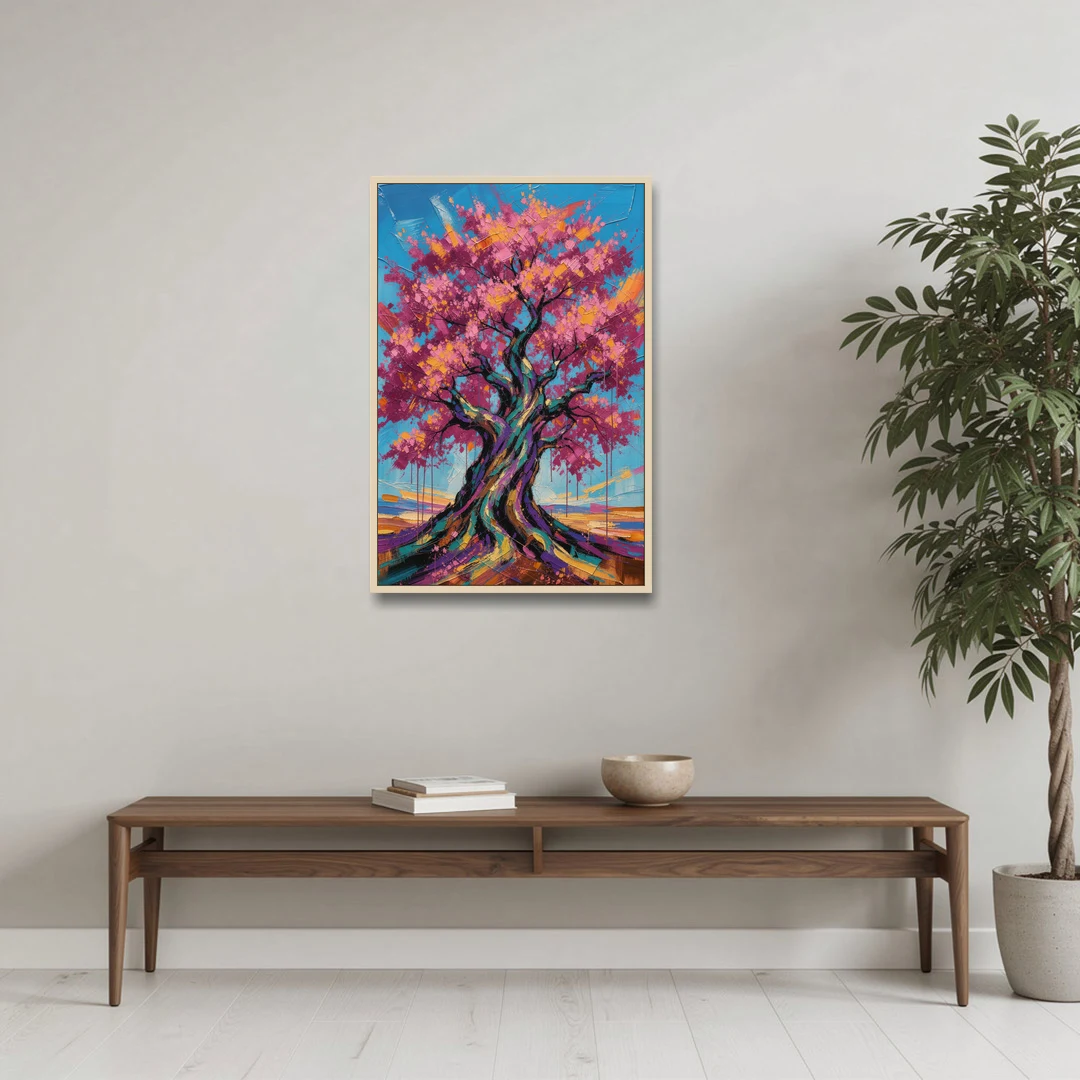 Cherry Blossom Tree Canvas with Twisted Trunk - Oak Framed Canvas Wall Art - Coffee Table - 24x36