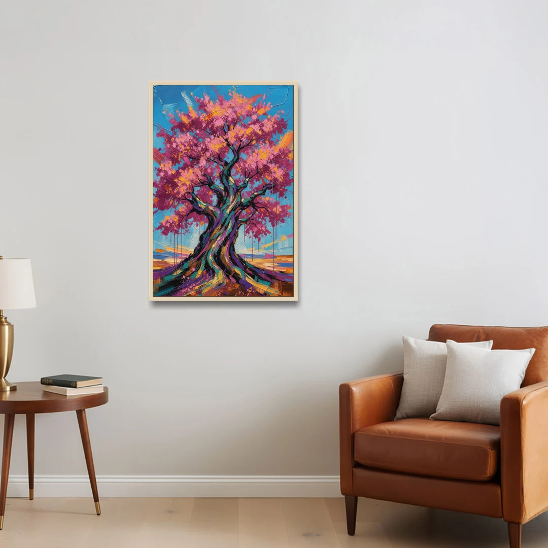 Cherry Blossom Tree Canvas with Twisted Trunk - Oak Framed Canvas Wall Art - Sofa - 24x36