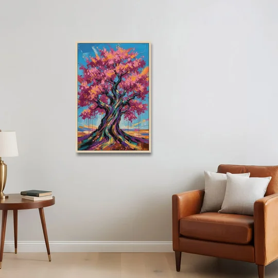 Cherry Blossom Tree Canvas with Twisted Trunk - Oak Framed Canvas Wall Art - Sofa - 24x36