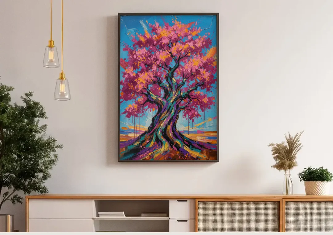 Cherry Blossom Tree Canvas with Twisted Trunk canvas wall art above a wooden sideboard under pendant lights