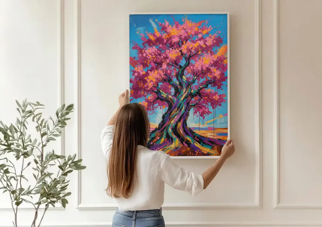 Cherry Blossom Tree Canvas with Twisted Trunk canvas wall art being hung on a paneled wall