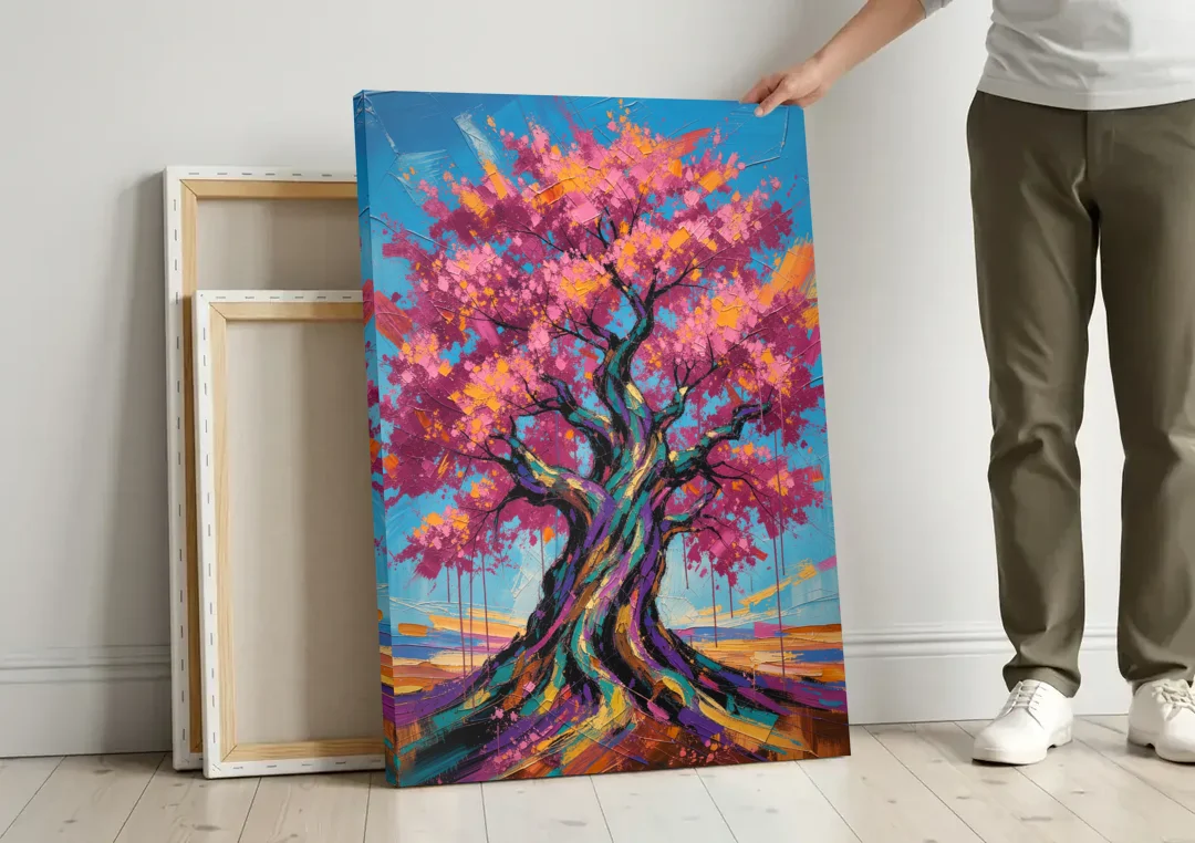 Cherry Blossom Tree Canvas with Twisted Trunk canvas wall art leaning against a wall next to blank canvases