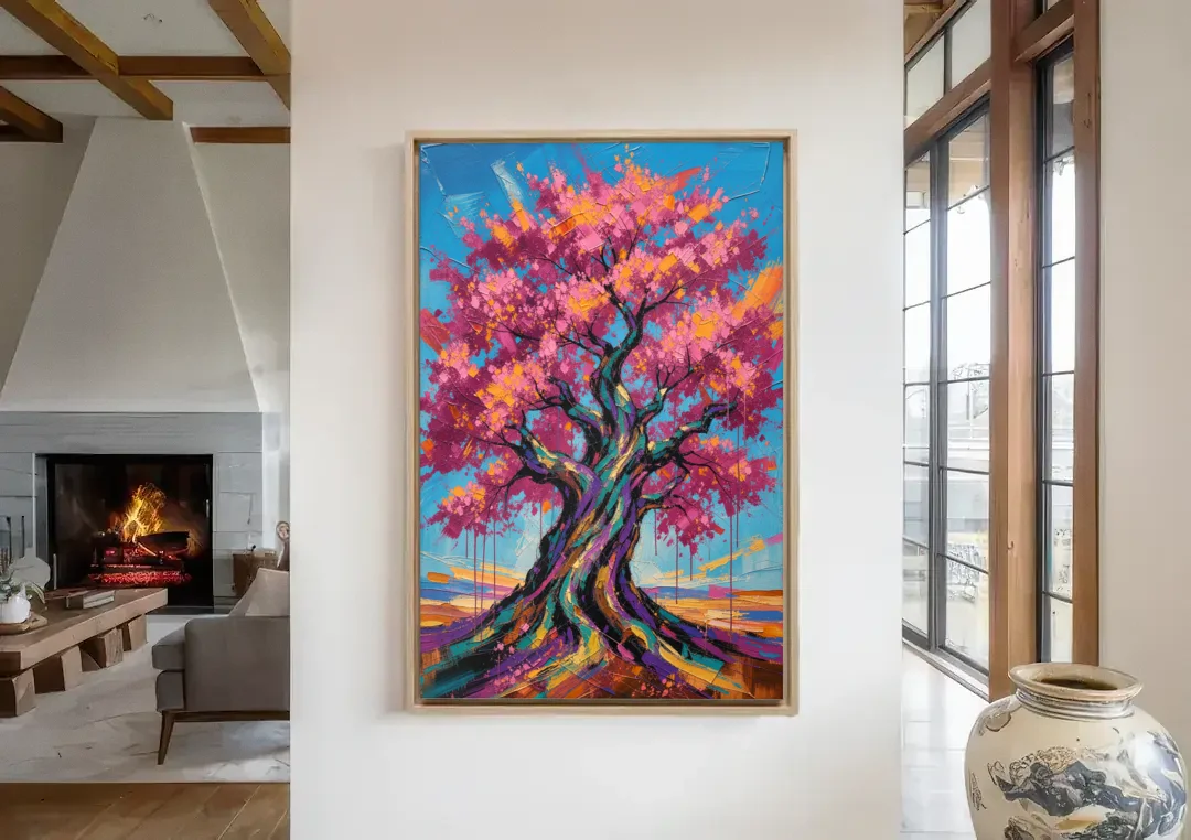 Cherry Blossom Tree Canvas with Twisted Trunk canvas wall art in a living room with a fireplace