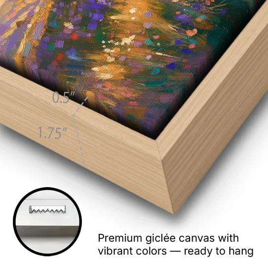 Cherry Blossom Tree Painting on a Golden Hilltop - Oak Framed Canvas Wall Art - Gallery Wrap Corner