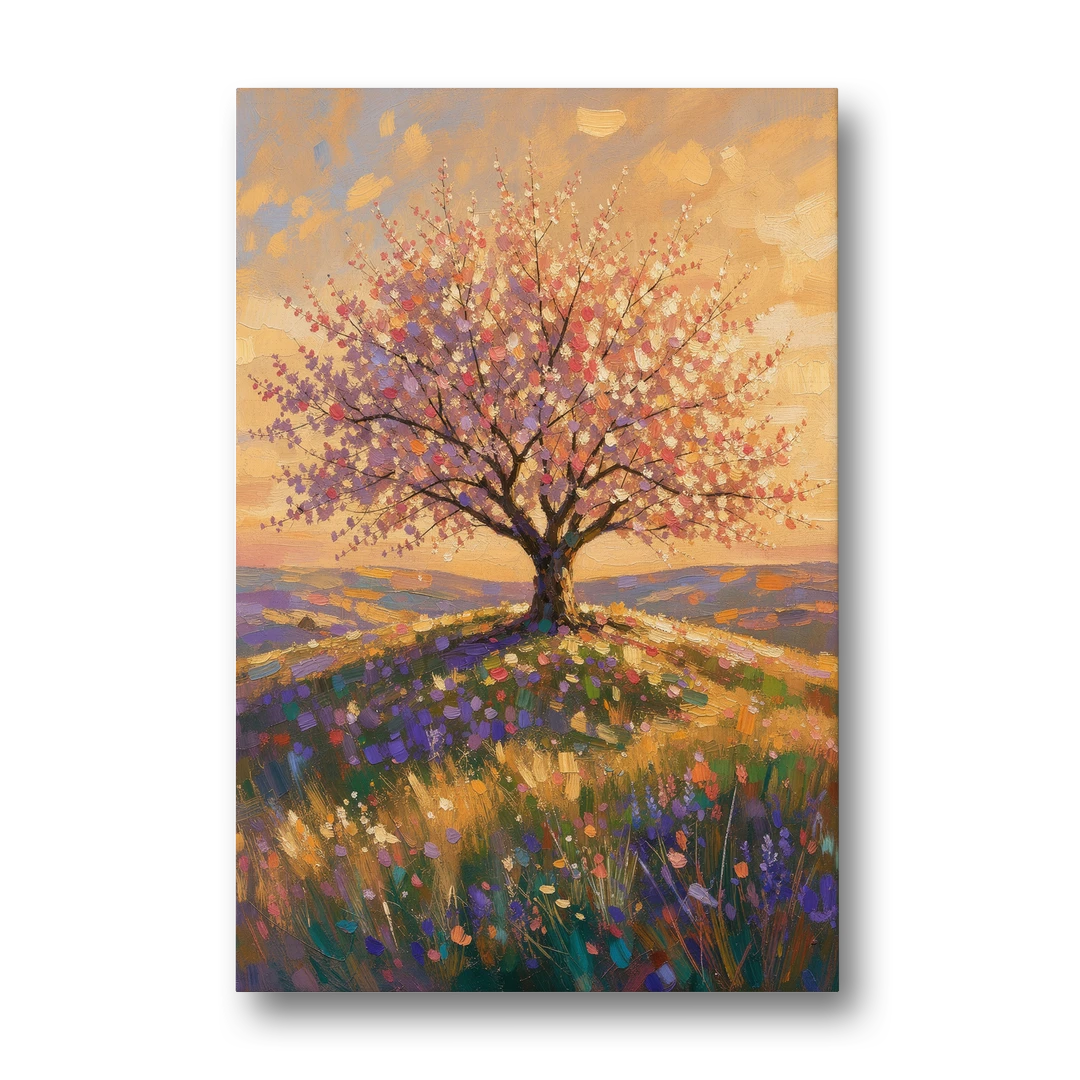 Cherry Blossom Tree Painting on a Golden Hilltop - Canvas Wall Art - Front