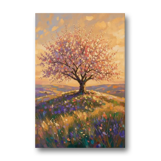 Cherry Blossom Tree Painting on a Golden Hilltop - Canvas Wall Art - Front