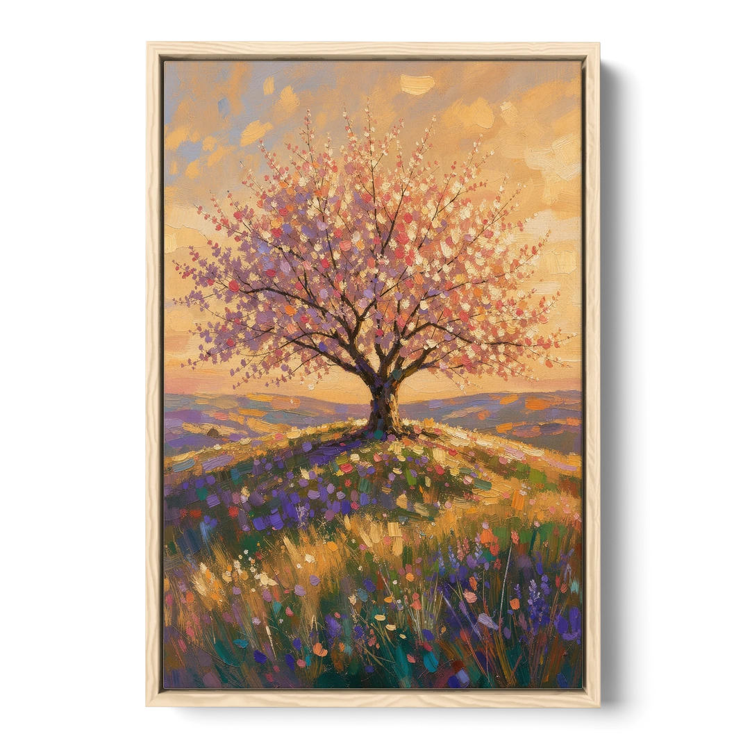 Cherry Blossom Tree Painting on a Golden Hilltop - Oak Framed Canvas Wall Art - Front