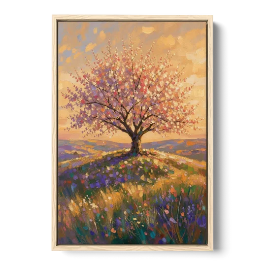 Cherry Blossom Tree Painting on a Golden Hilltop - Oak Framed Canvas Wall Art - Front