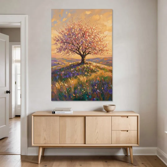 Cherry Blossom Tree Painting on a Golden Hilltop - Canvas Wall Art - Coffee Table - 40x60