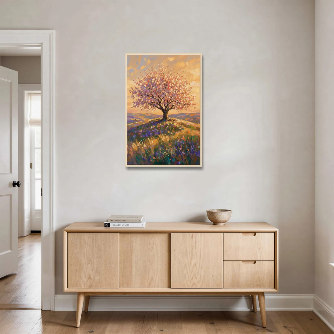 Cherry Blossom Tree Painting on a Golden Hilltop - Oak Framed Canvas Wall Art - Coffee Table - 24x36