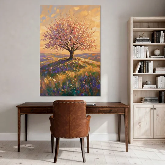 Cherry Blossom Tree Painting on a Golden Hilltop - Canvas Wall Art - Office - 40x60