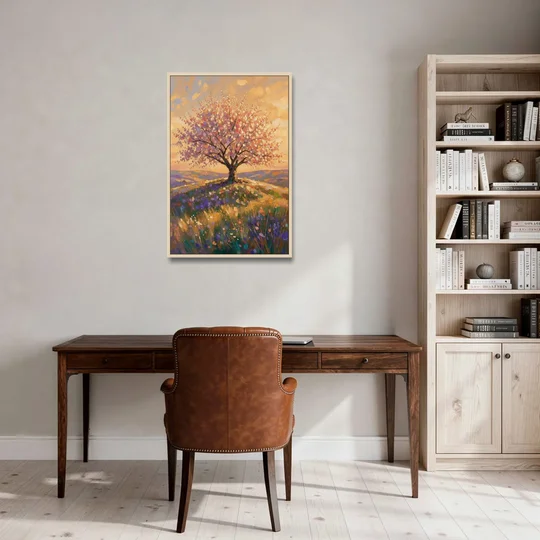 Cherry Blossom Tree Painting on a Golden Hilltop - Oak Framed Canvas Wall Art - Office - 24x36
