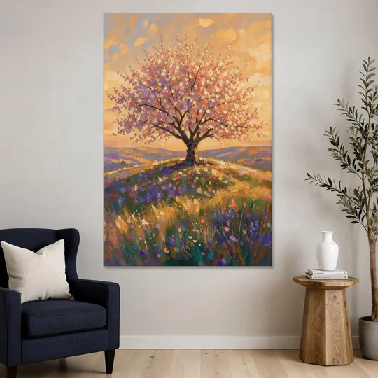 Cherry Blossom Tree Painting on a Golden Hilltop - Canvas Wall Art - Sofa - 40x60