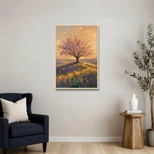Cherry Blossom Tree Painting on a Golden Hilltop - Oak Framed Canvas Wall Art - Sofa - 24x36