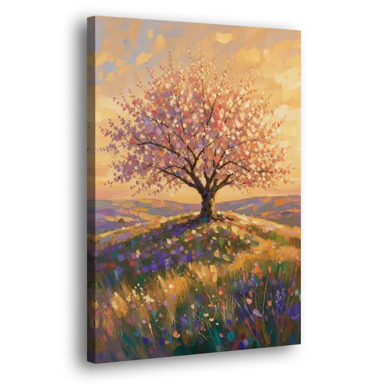 Cherry Blossom Tree Painting on a Golden Hilltop - Canvas Wall Art - Side