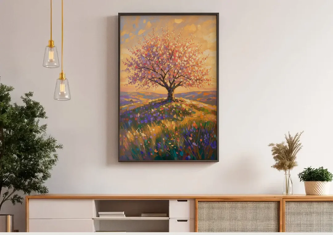 Cherry Blossom Tree Painting on a Golden Hilltop canvas wall art above a wooden sideboard under pendant lights