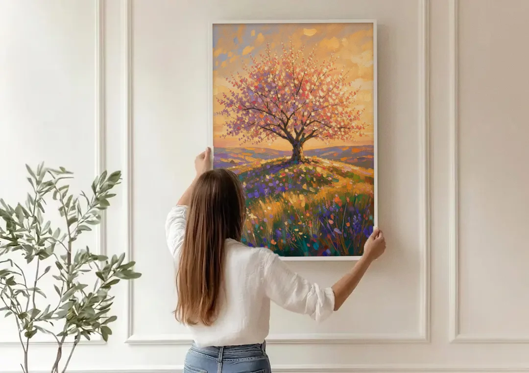Cherry Blossom Tree Painting on a Golden Hilltop canvas wall art being hung on a paneled wall