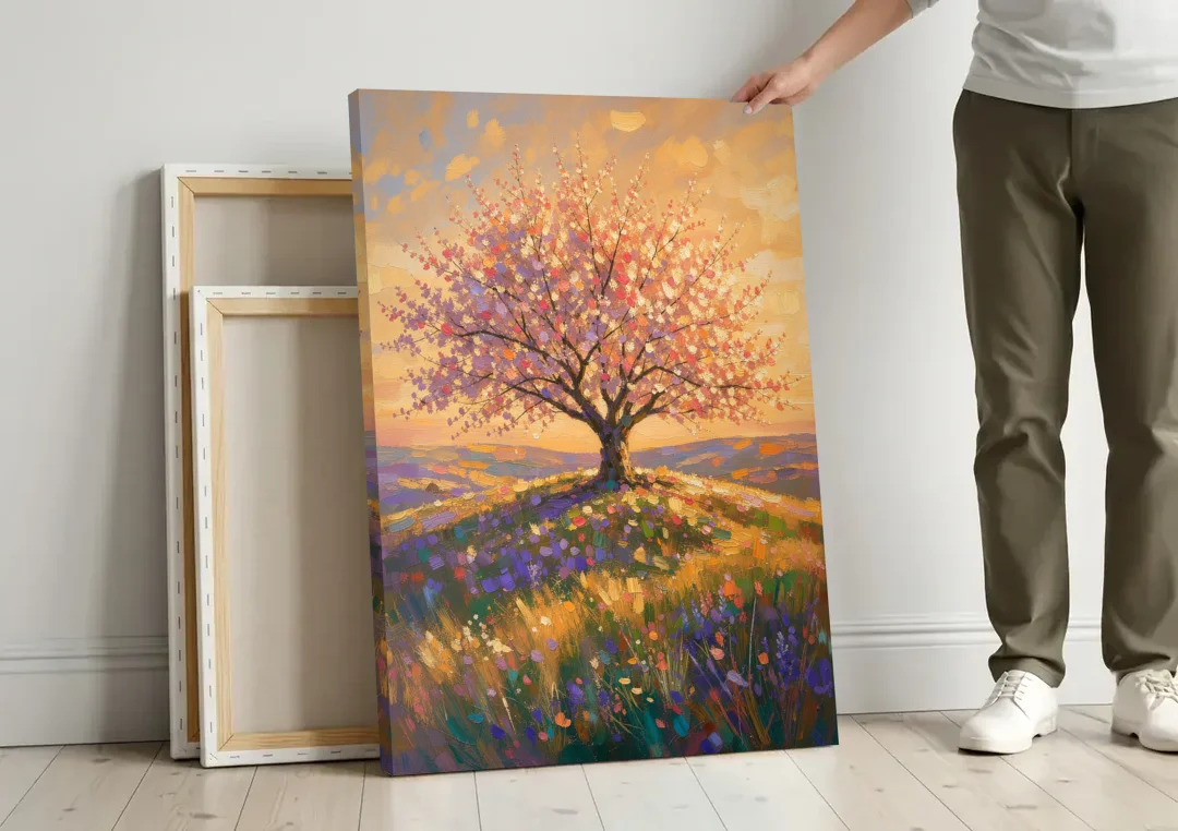 Cherry Blossom Tree Painting on a Golden Hilltop canvas wall art leaning against a wall next to blank canvases