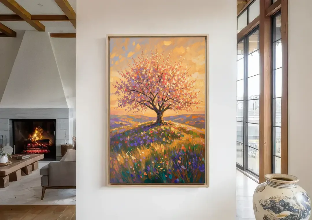 Cherry Blossom Tree Painting on a Golden Hilltop canvas wall art in a living room with a fireplace