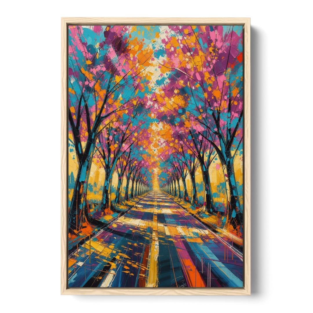 Cherry Blossom Tree Tunnel in Expressive Style - Oak Framed Canvas Wall Art - Front