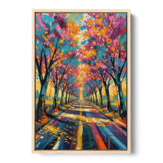 Cherry Blossom Tree Tunnel in Expressive Style - Oak Framed Canvas Wall Art - Front