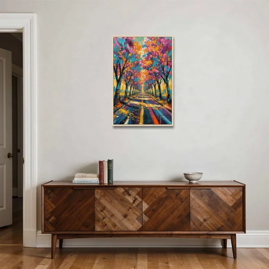 Cherry Blossom Tree Tunnel in Expressive Style - Oak Framed Canvas Wall Art - Coffee Table - 24x36