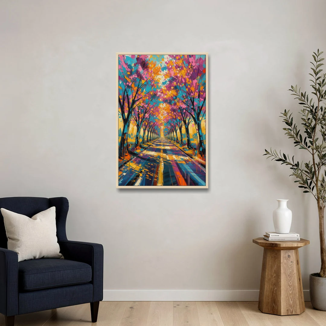 Cherry Blossom Tree Tunnel in Expressive Style - Oak Framed Canvas Wall Art - Sofa - 24x36