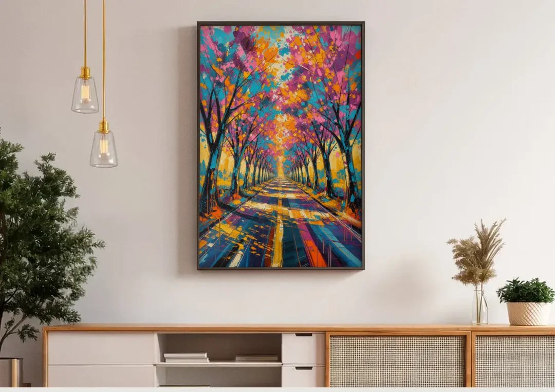 Cherry Blossom Tree Tunnel in Expressive Style canvas wall art above a wooden sideboard under pendant lights