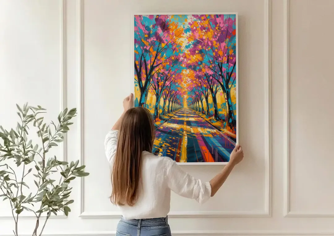 Cherry Blossom Tree Tunnel in Expressive Style canvas wall art being hung on a paneled wall