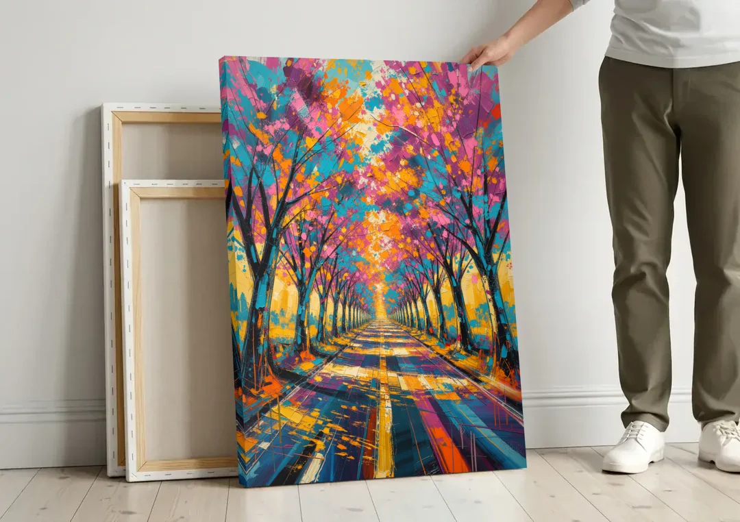 Cherry Blossom Tree Tunnel in Expressive Style canvas wall art leaning against a wall next to blank canvases