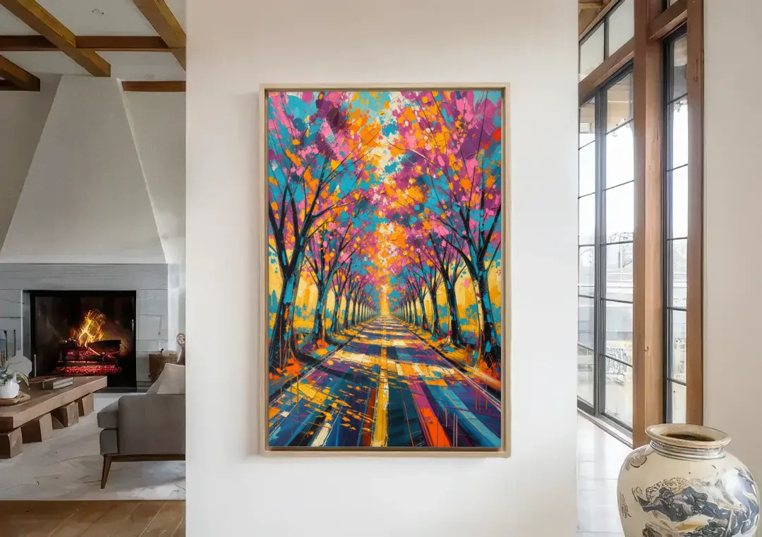 Cherry Blossom Tree Tunnel in Expressive Style canvas wall art in a living room with a fireplace
