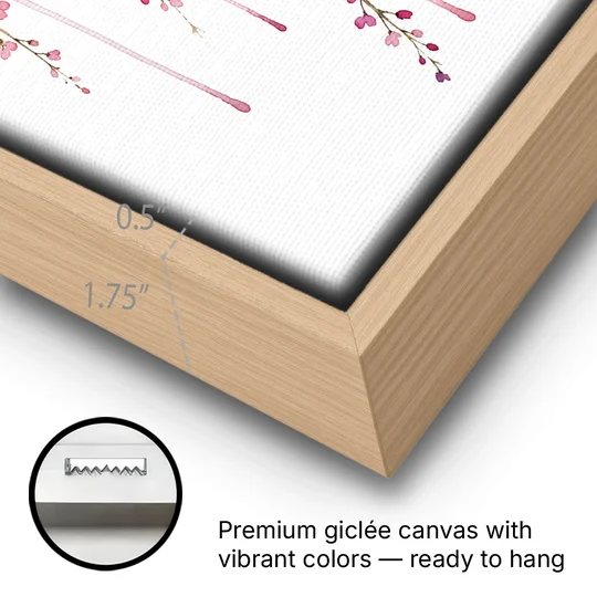 Cherry Blossom Watercolor of Weeping Strands - Oak Framed Canvas Wall Art - Gallery Wrap Corner