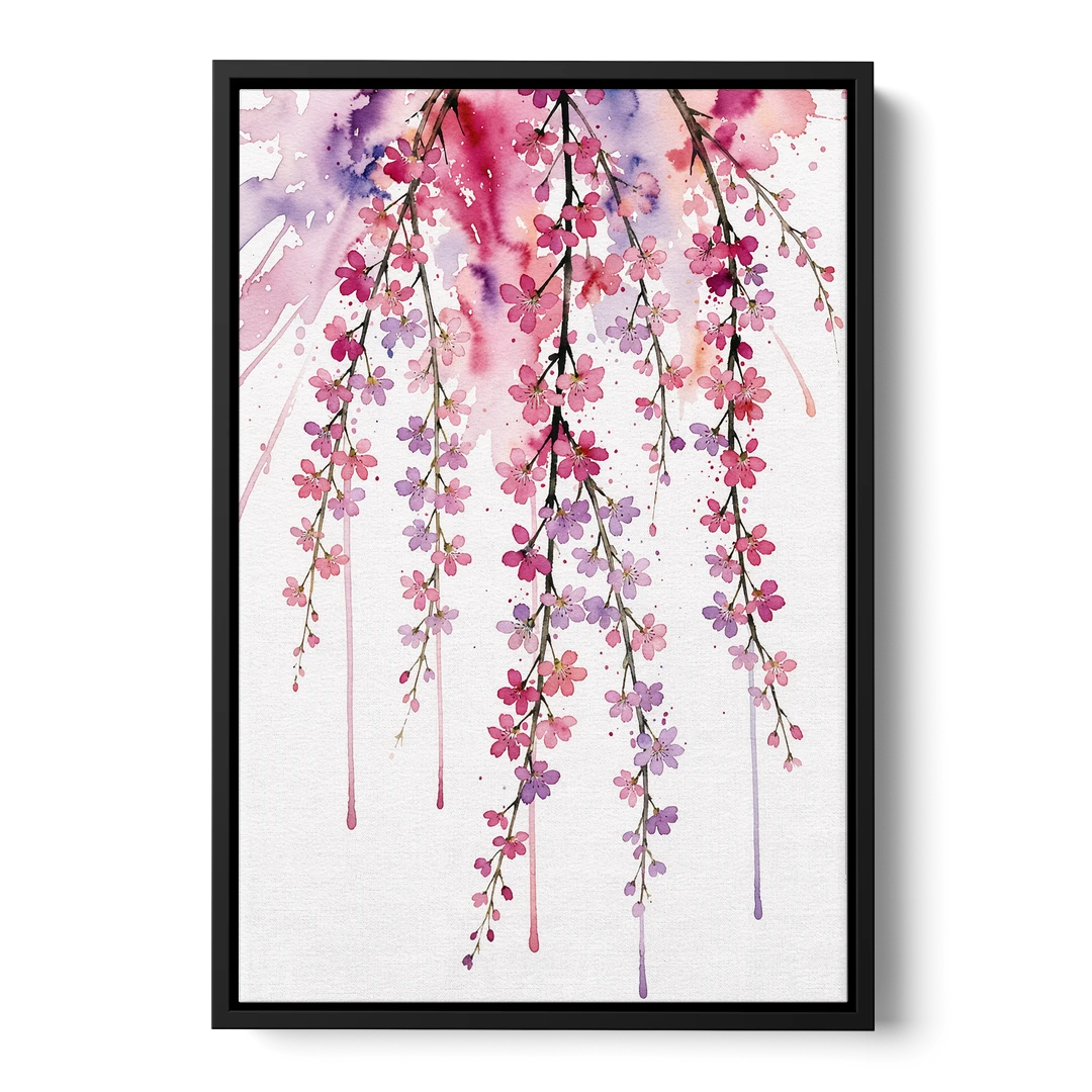 Cherry Blossom Watercolor of Weeping Strands - Black Framed Canvas Wall Art - Front