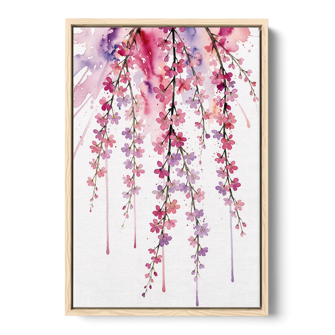 Cherry Blossom Watercolor of Weeping Strands - Oak Framed Canvas Wall Art - Front