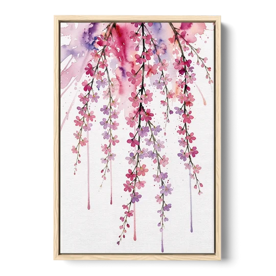 Cherry Blossom Watercolor of Weeping Strands - Oak Framed Canvas Wall Art - Front