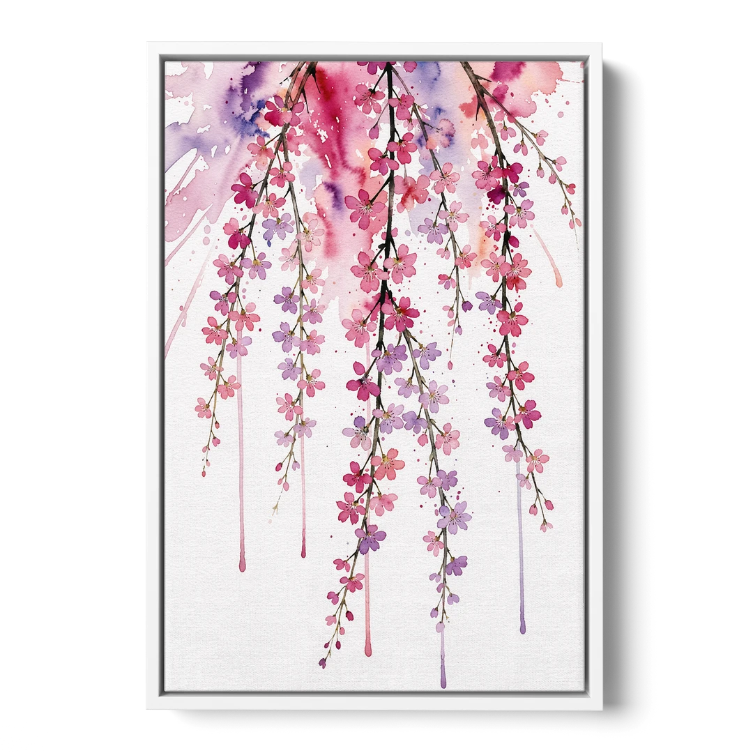 Cherry Blossom Watercolor of Weeping Strands - White Framed Canvas Wall Art - Front