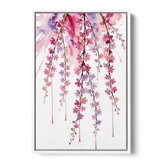 Cherry Blossom Watercolor of Weeping Strands - White Framed Canvas Wall Art - Front