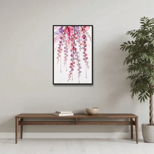 Cherry Blossom Watercolor of Weeping Strands - Black Framed Canvas Wall Art - Coffee Table - 24x36