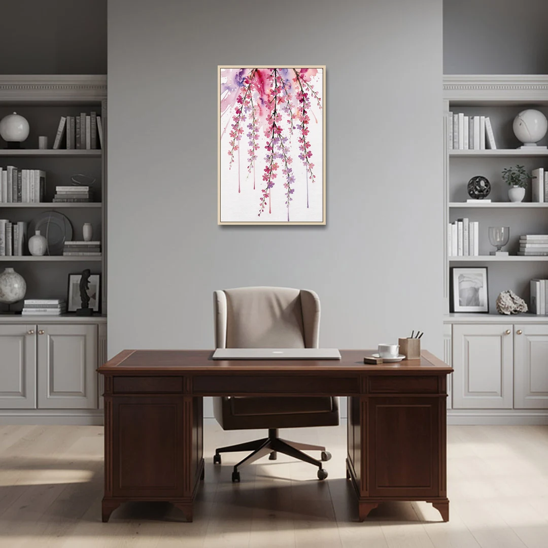 Cherry Blossom Watercolor of Weeping Strands - Oak Framed Canvas Wall Art - Office - 24x36