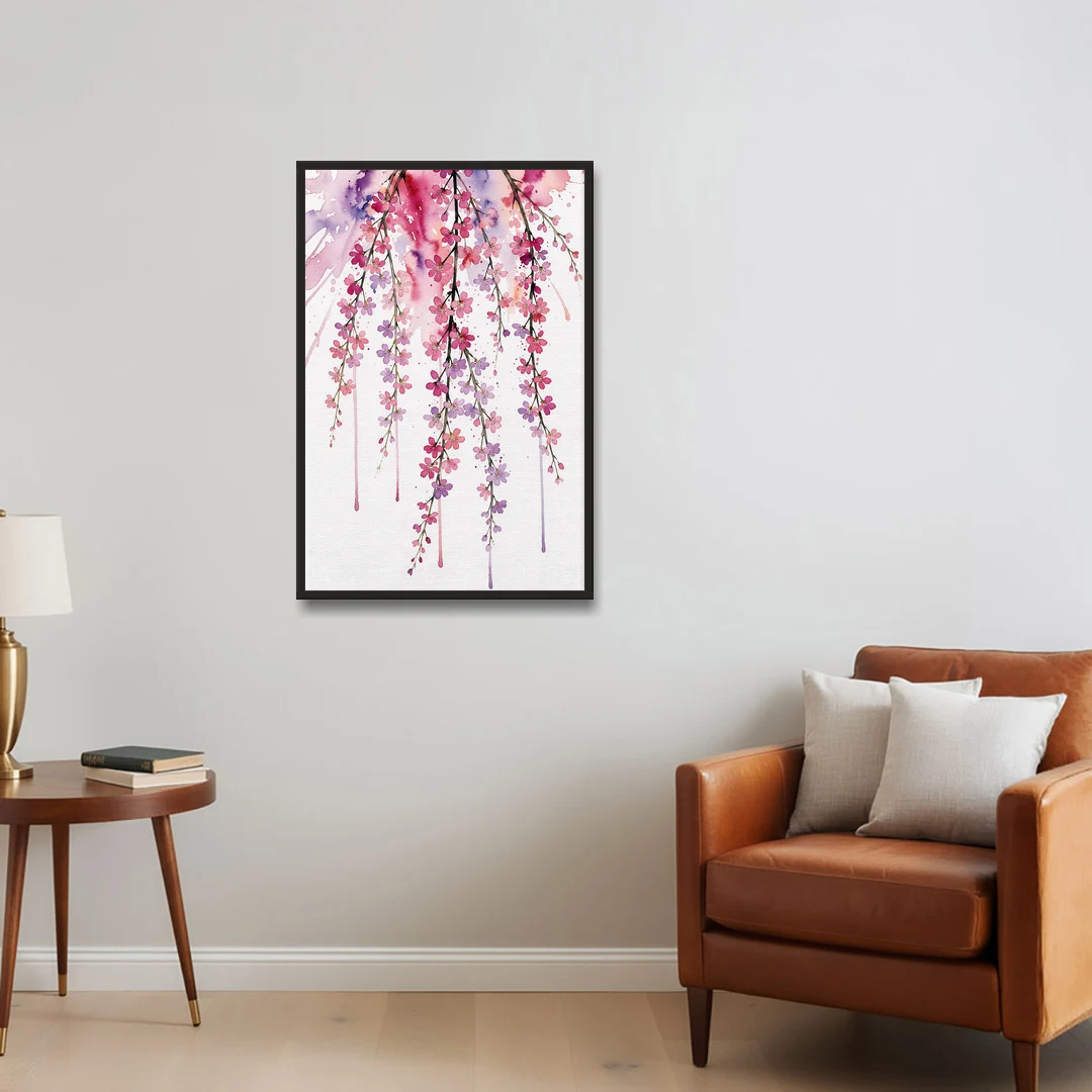 Cherry Blossom Watercolor of Weeping Strands - Black Framed Canvas Wall Art - Sofa - 24x36