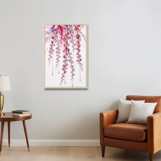 Cherry Blossom Watercolor of Weeping Strands - Oak Framed Canvas Wall Art - Sofa - 24x36