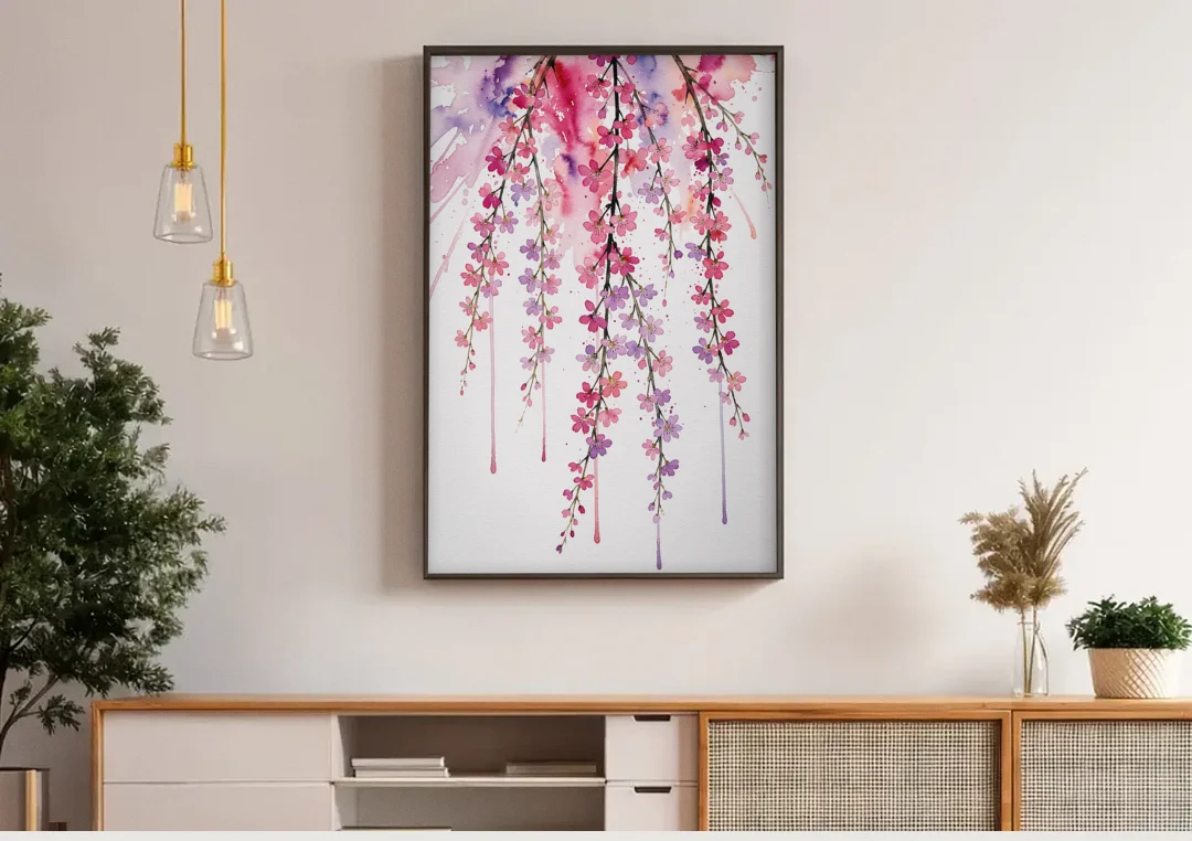 Cherry Blossom Watercolor of Weeping Strands canvas wall art above a wooden sideboard under pendant lights