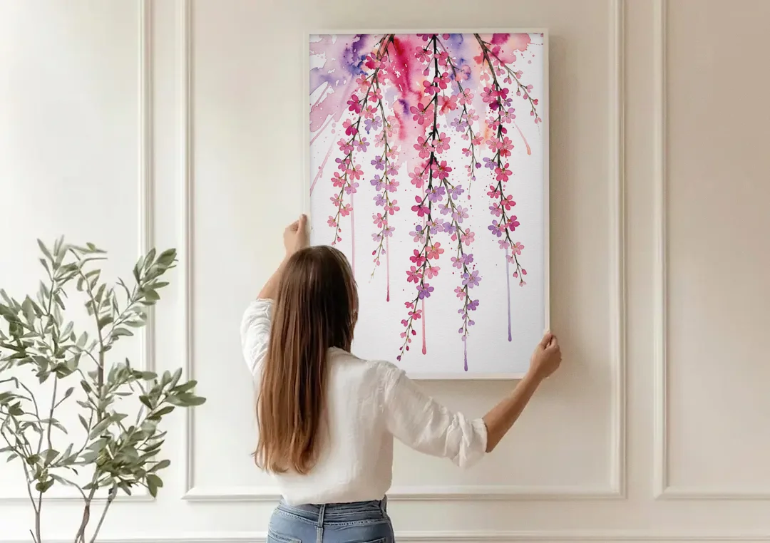 Cherry Blossom Watercolor of Weeping Strands canvas wall art being hung on a paneled wall