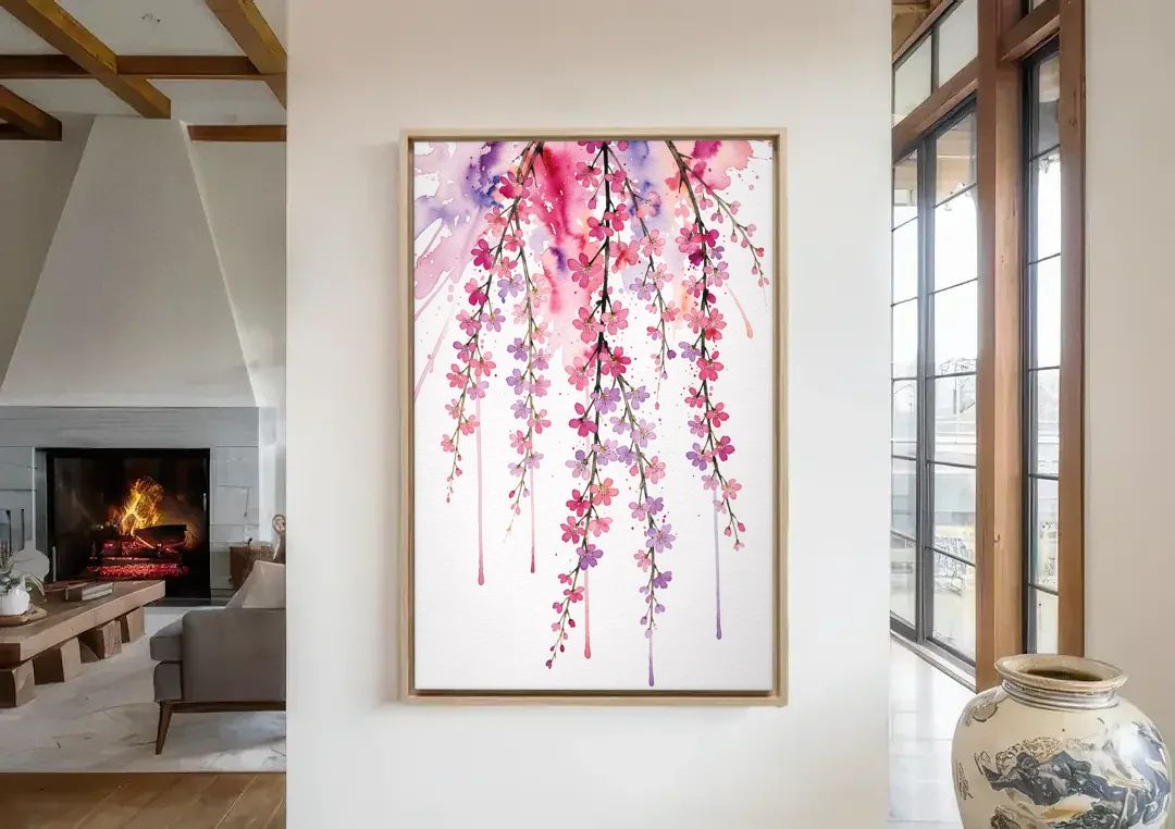 Cherry Blossom Watercolor of Weeping Strands canvas wall art in a living room with a fireplace