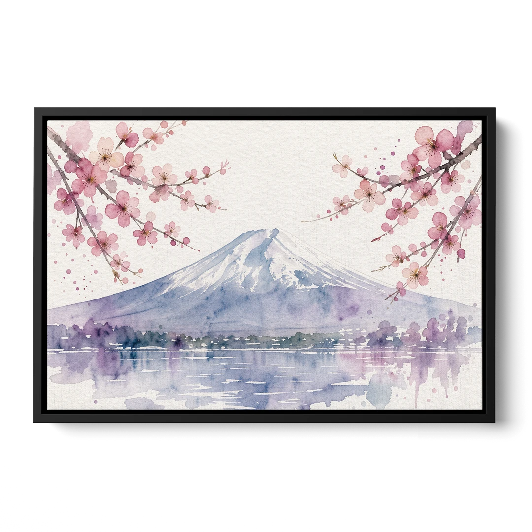 Cherry Blossom Watercolor Painting of Mount Fuji - Black Framed Canvas Wall Art - Front